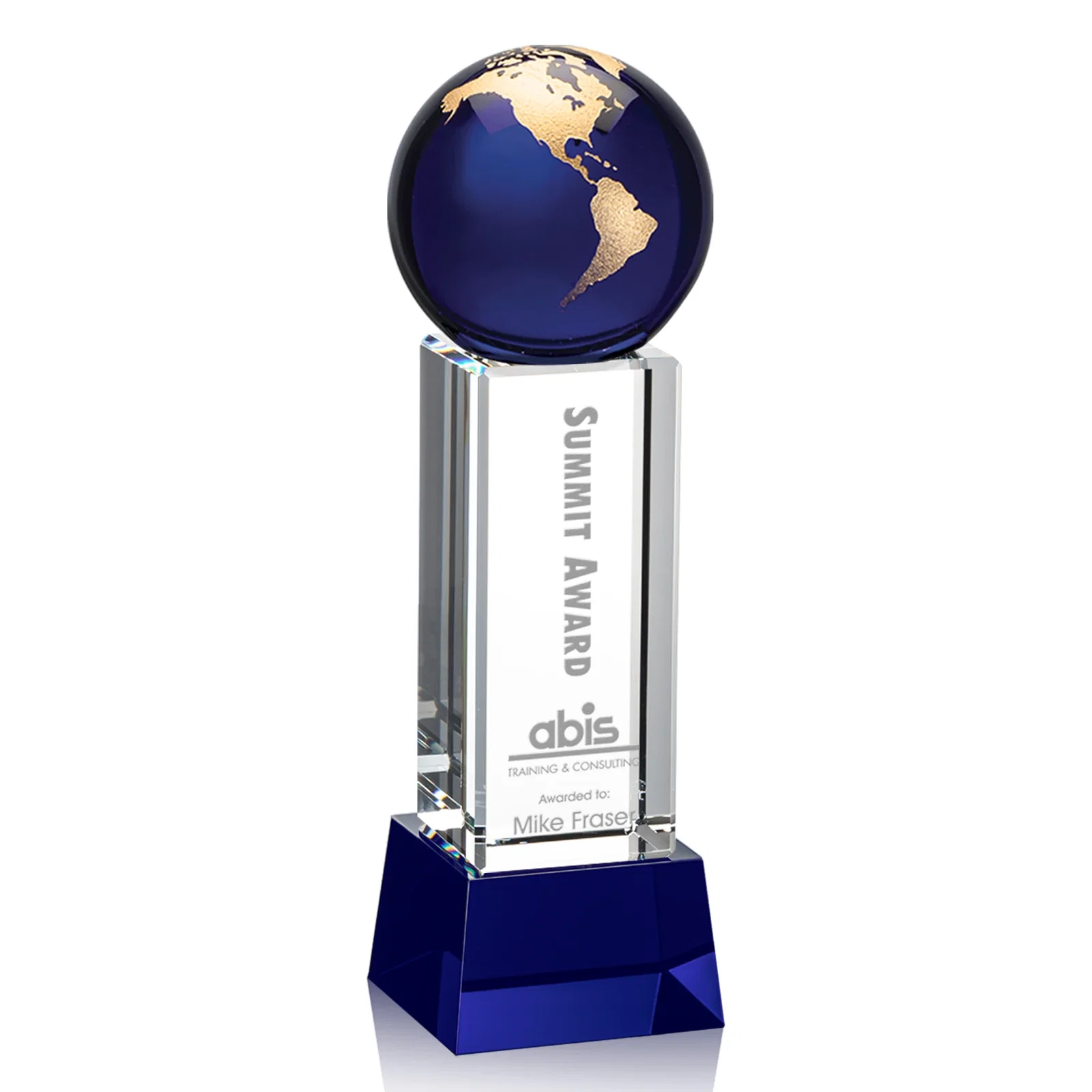 Custom Blue Optical Crystal Globe Award on Pillar with Matching Base for service anniversary gifts