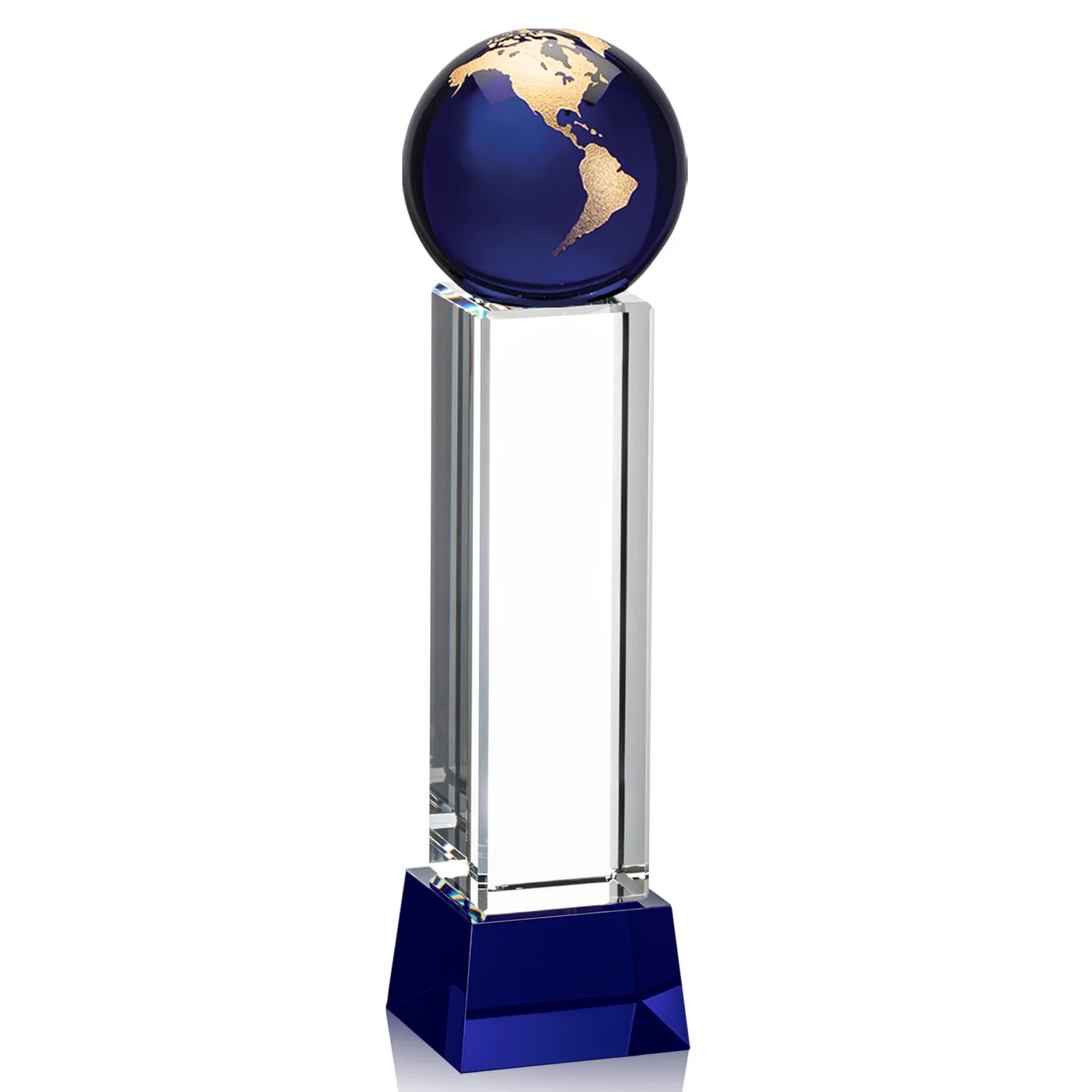 Promotional Blue Optical Crystal Globe Award on Pillar with Matching Base for team milestone celebrations