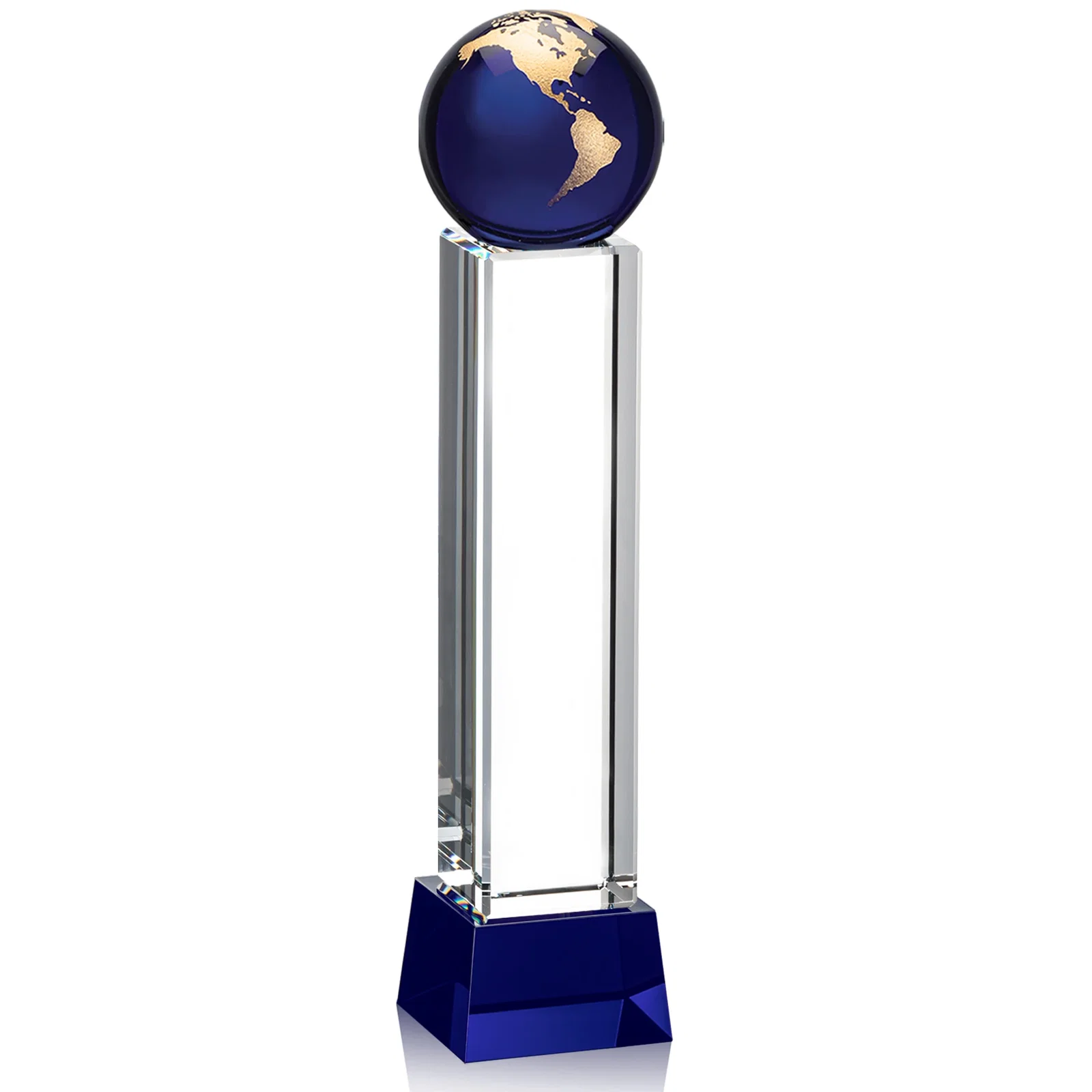 Promotional Blue Optical Crystal Globe Award on Pillar with Matching Base for donor appreciation