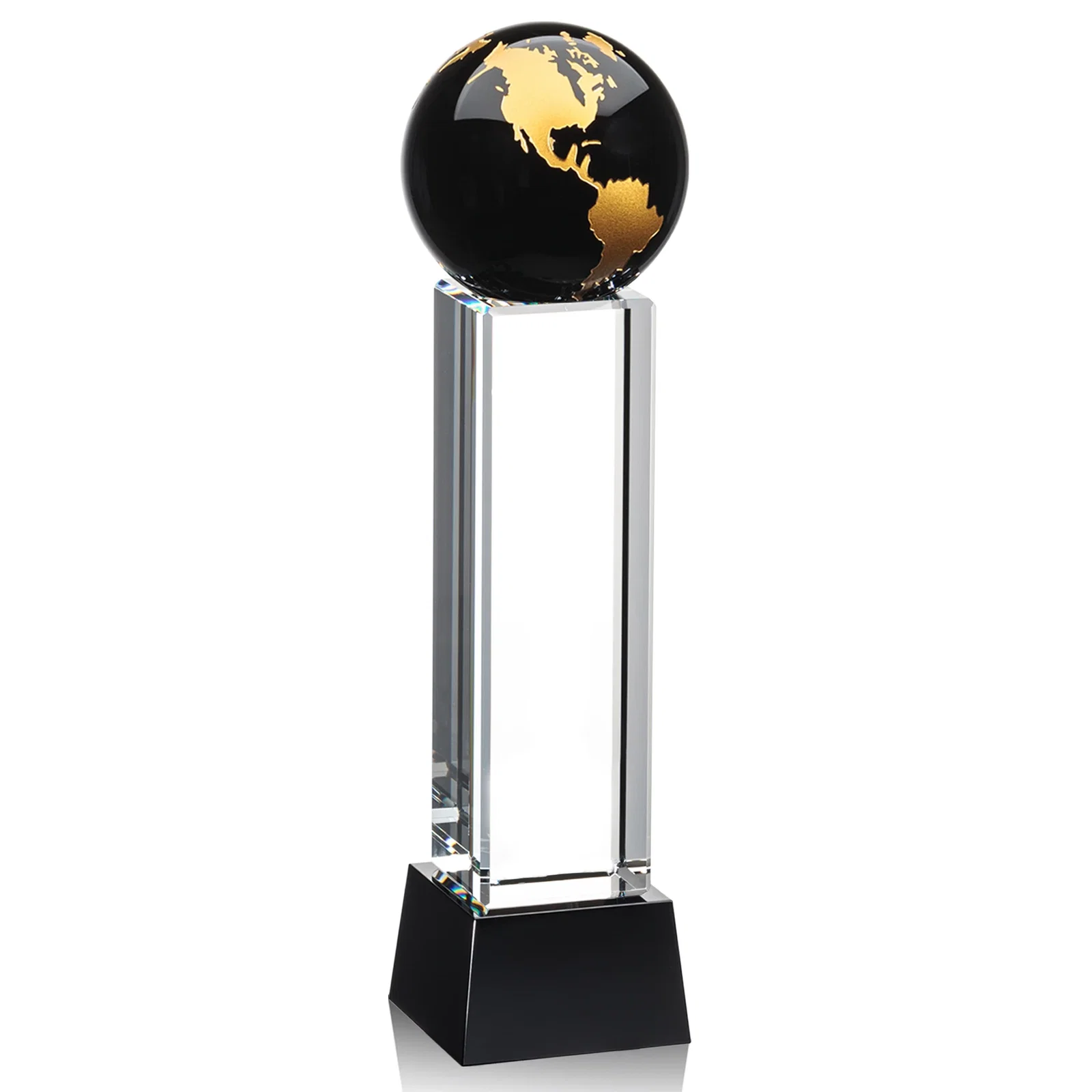 Promotional Blue Optical Crystal Globe Award on Pillar with Matching Base for volunteer appreciation