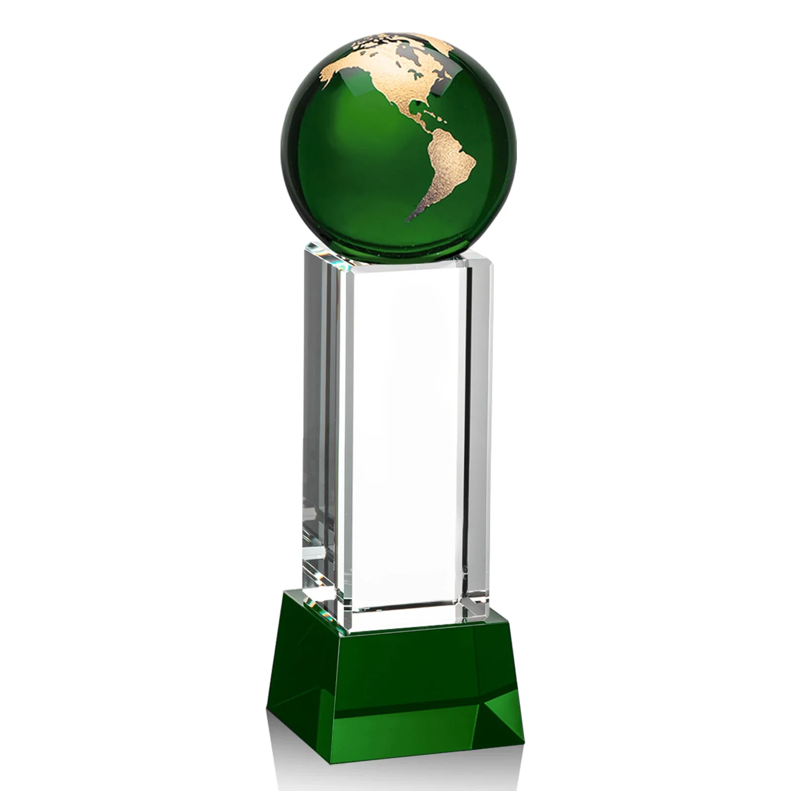 Branded Blue Optical Crystal Globe Award on Pillar with Matching Base for employee recognition