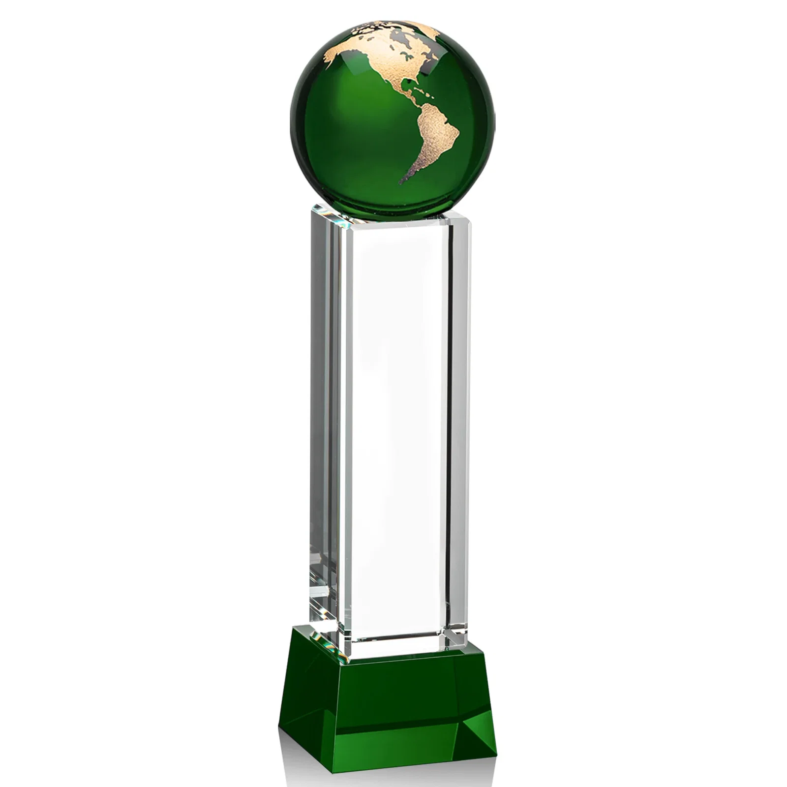 Branded Blue Optical Crystal Globe Award on Pillar with Matching Base for corporate award ceremonies