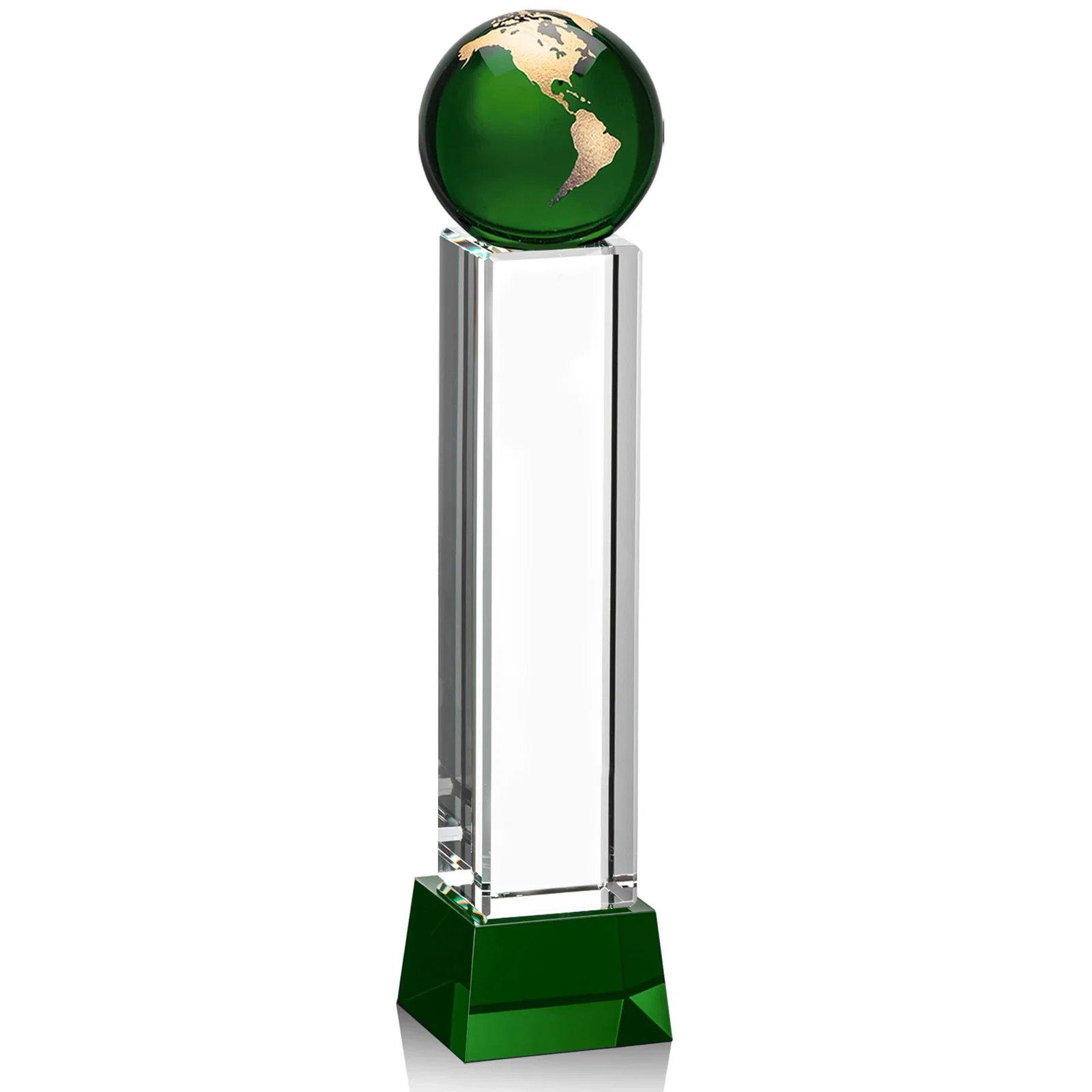 Branded Blue Optical Crystal Globe Award on Pillar with Matching Base for service anniversary gifts