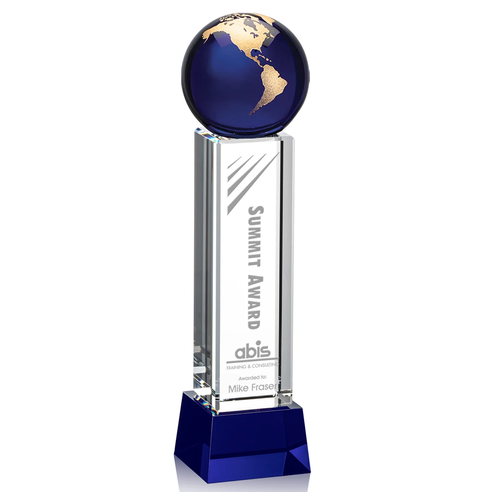 Custom Blue Optical Crystal Globe Award on Pillar with Matching Base for sales achievement awards