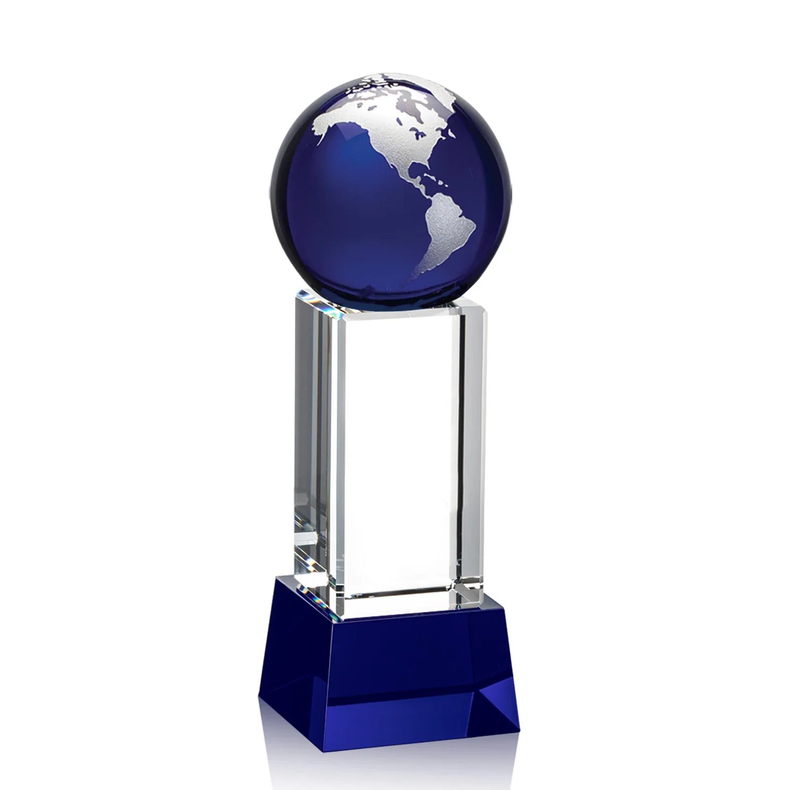 Branded Blue Optical Crystal Globe Award on Pillar with Matching Base for sales achievement awards