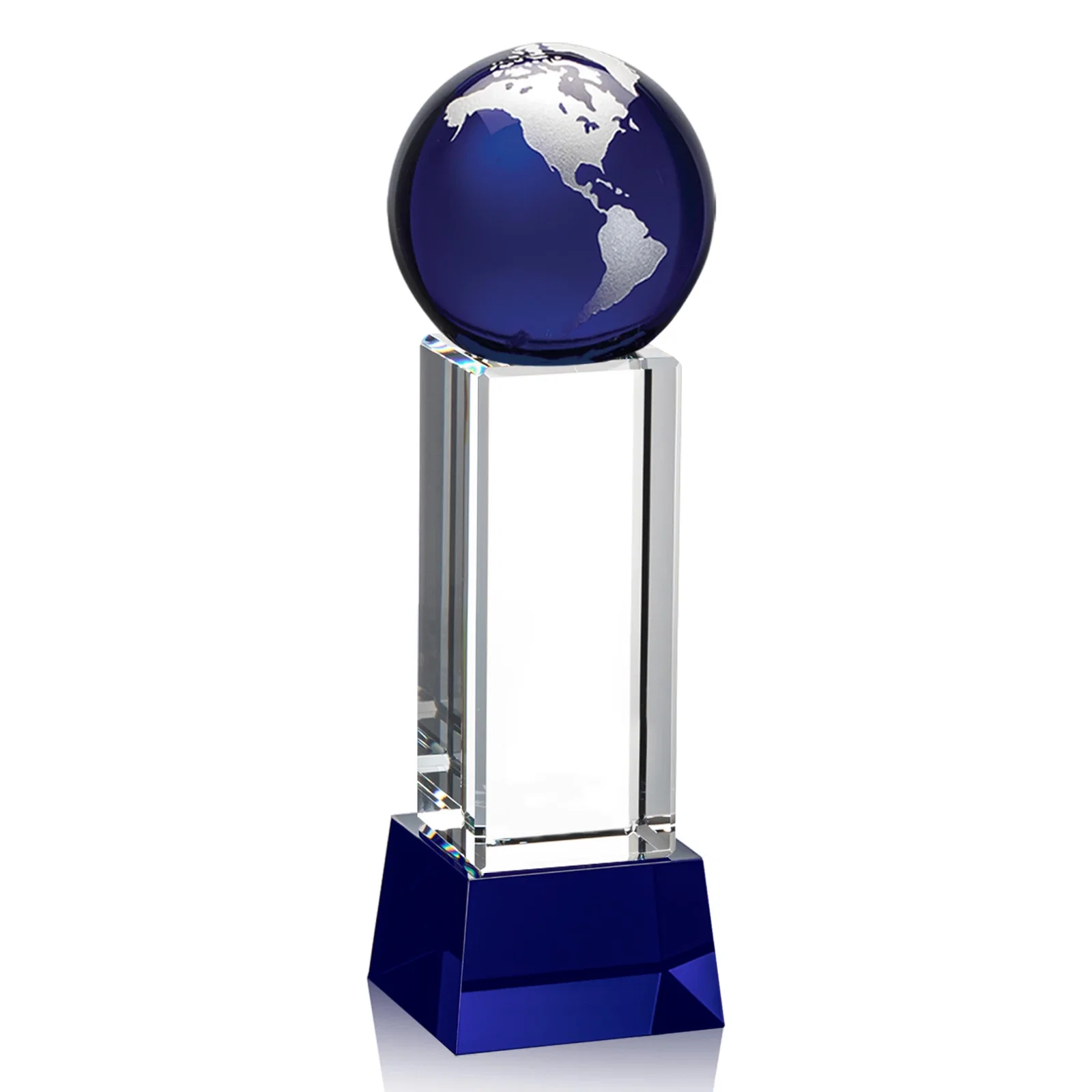 Branded Blue Optical Crystal Globe Award on Pillar with Matching Base for retirement presentations