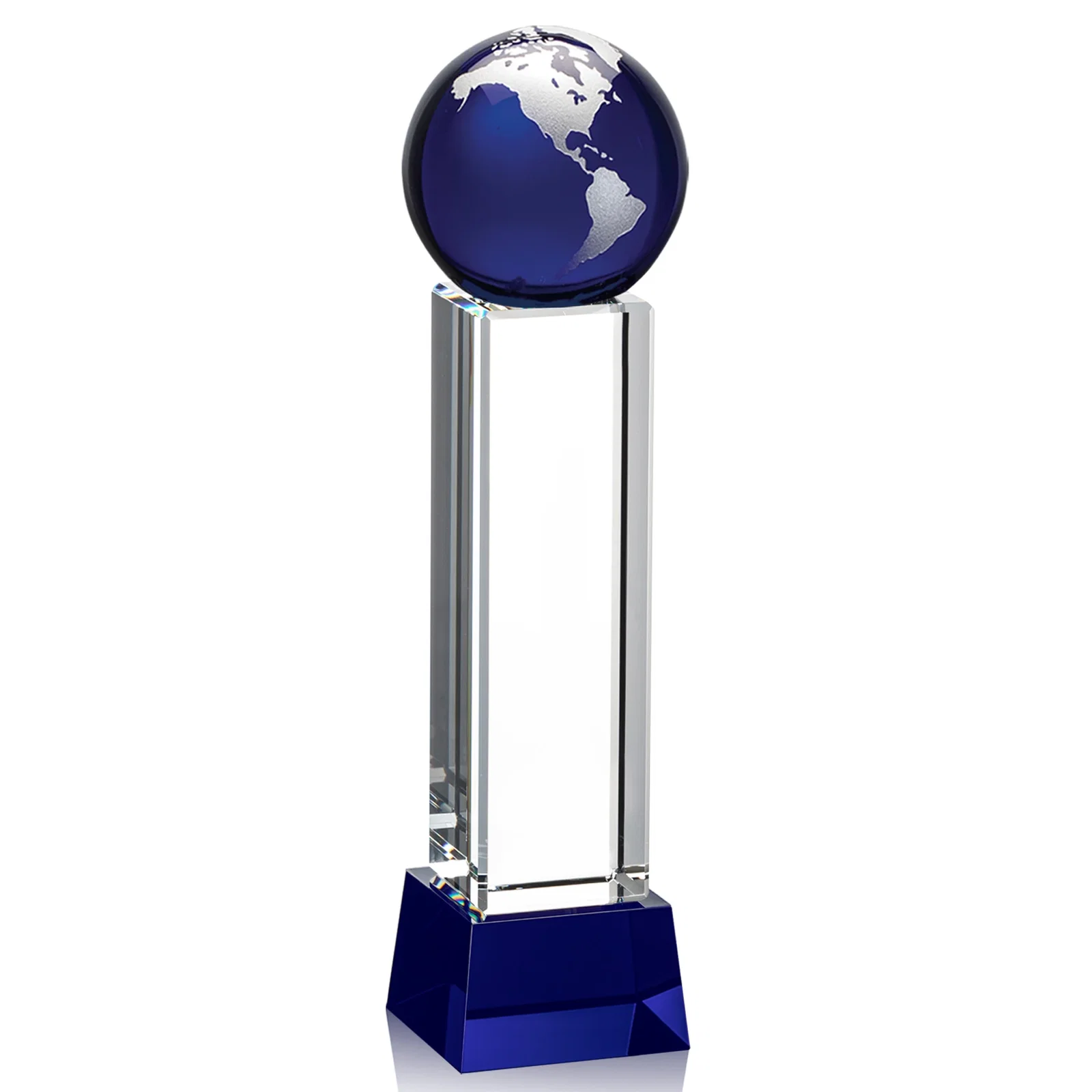 Branded Blue Optical Crystal Globe Award on Pillar with Matching Base for team milestone celebrations