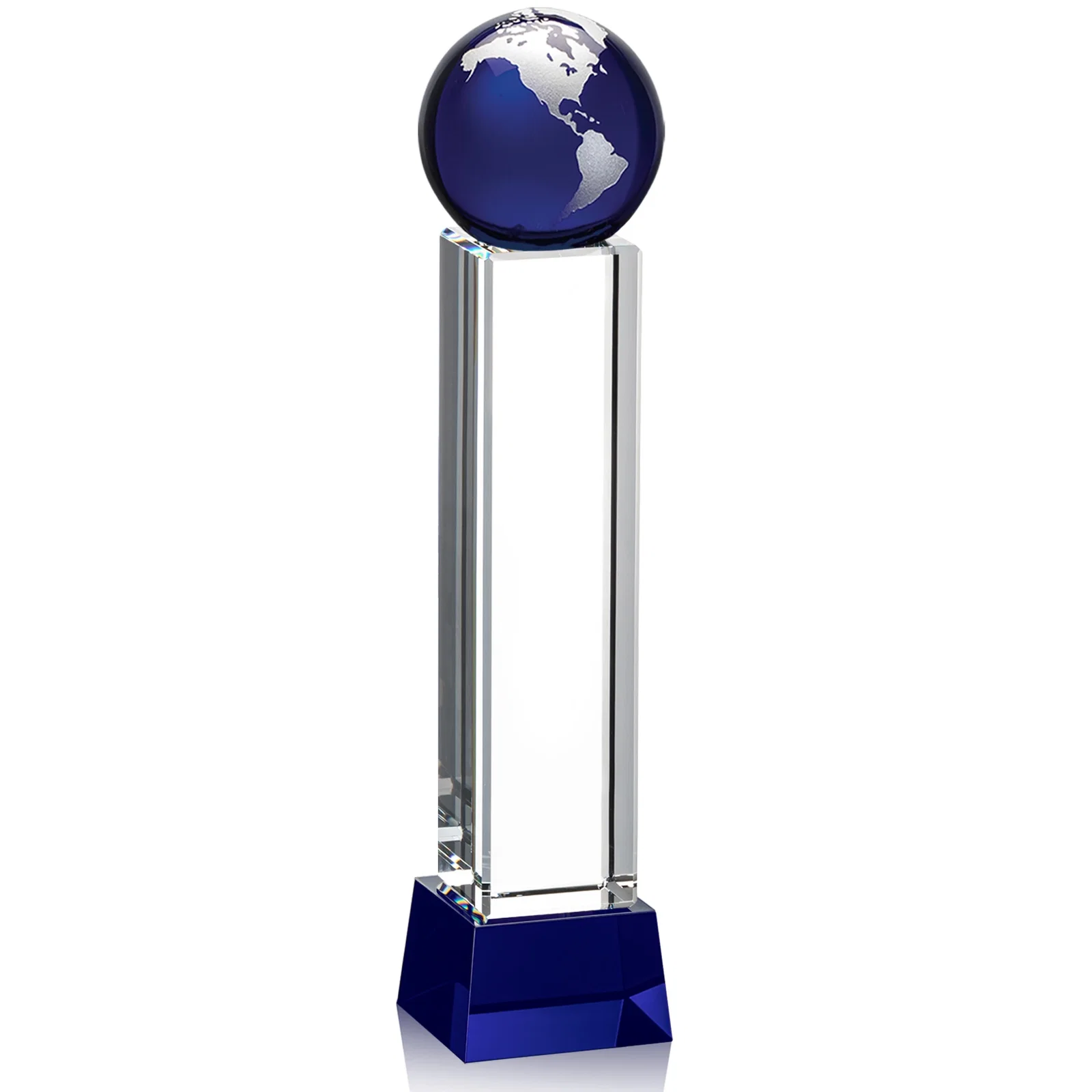 Branded Blue Optical Crystal Globe Award on Pillar with Matching Base for donor appreciation