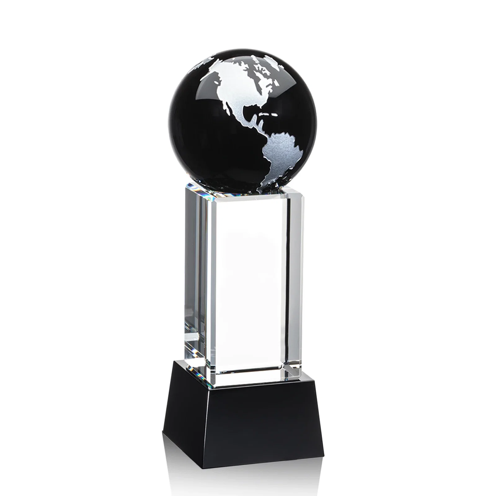 Branded Blue Optical Crystal Globe Award on Pillar with Matching Base for graduation ceremonies