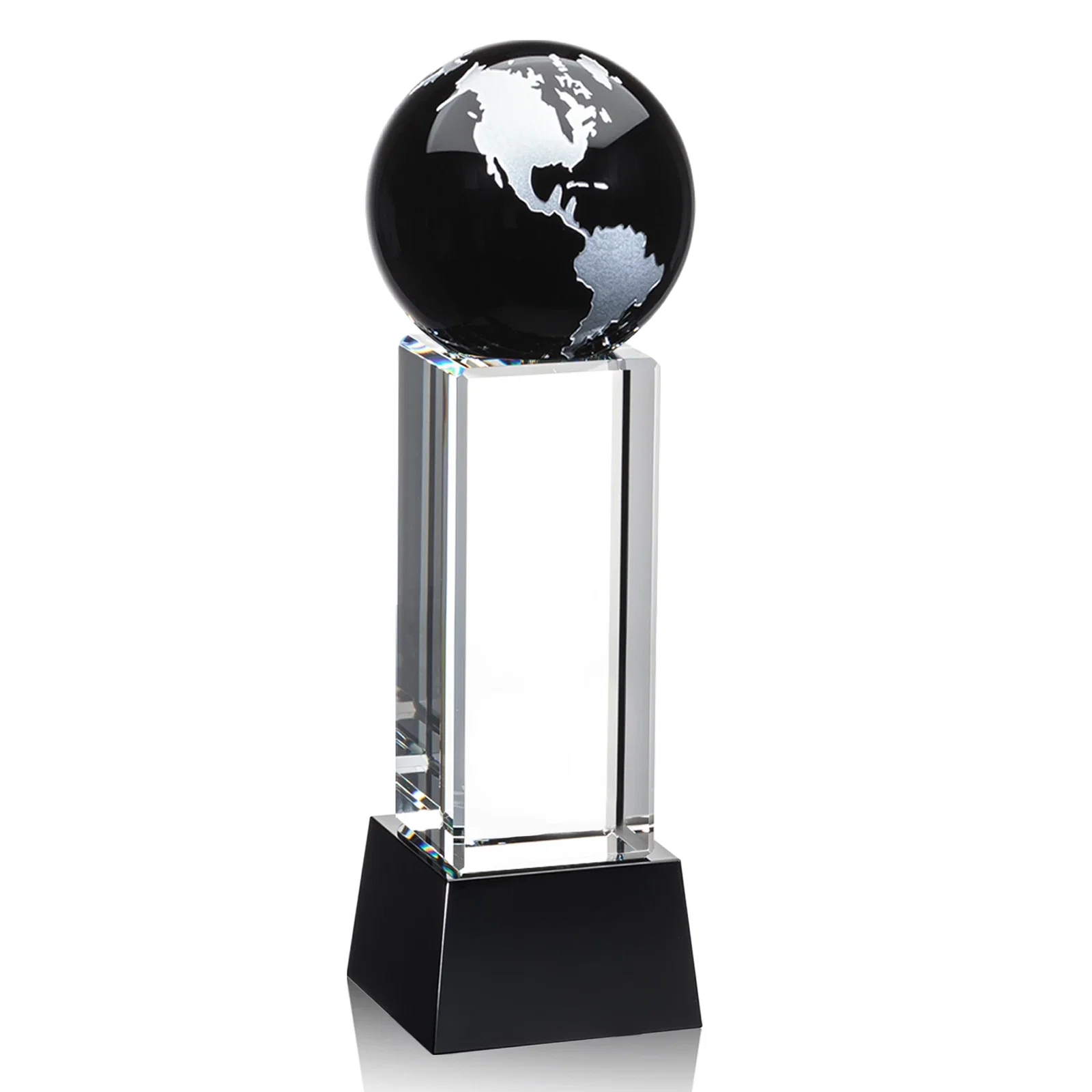 Branded Blue Optical Crystal Globe Award on Pillar with Matching Base for safety achievement programs