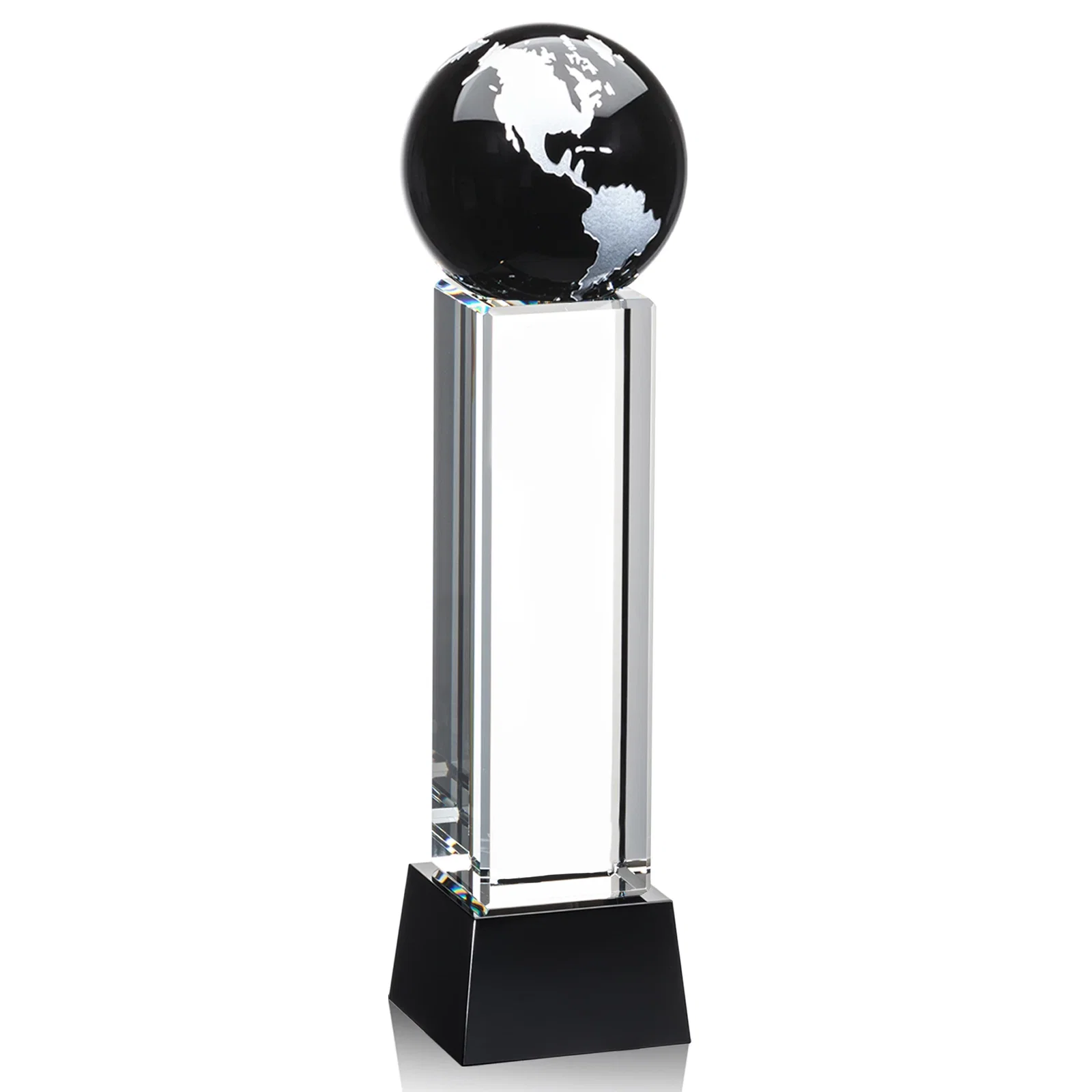 Branded Blue Optical Crystal Globe Award on Pillar with Matching Base for volunteer appreciation