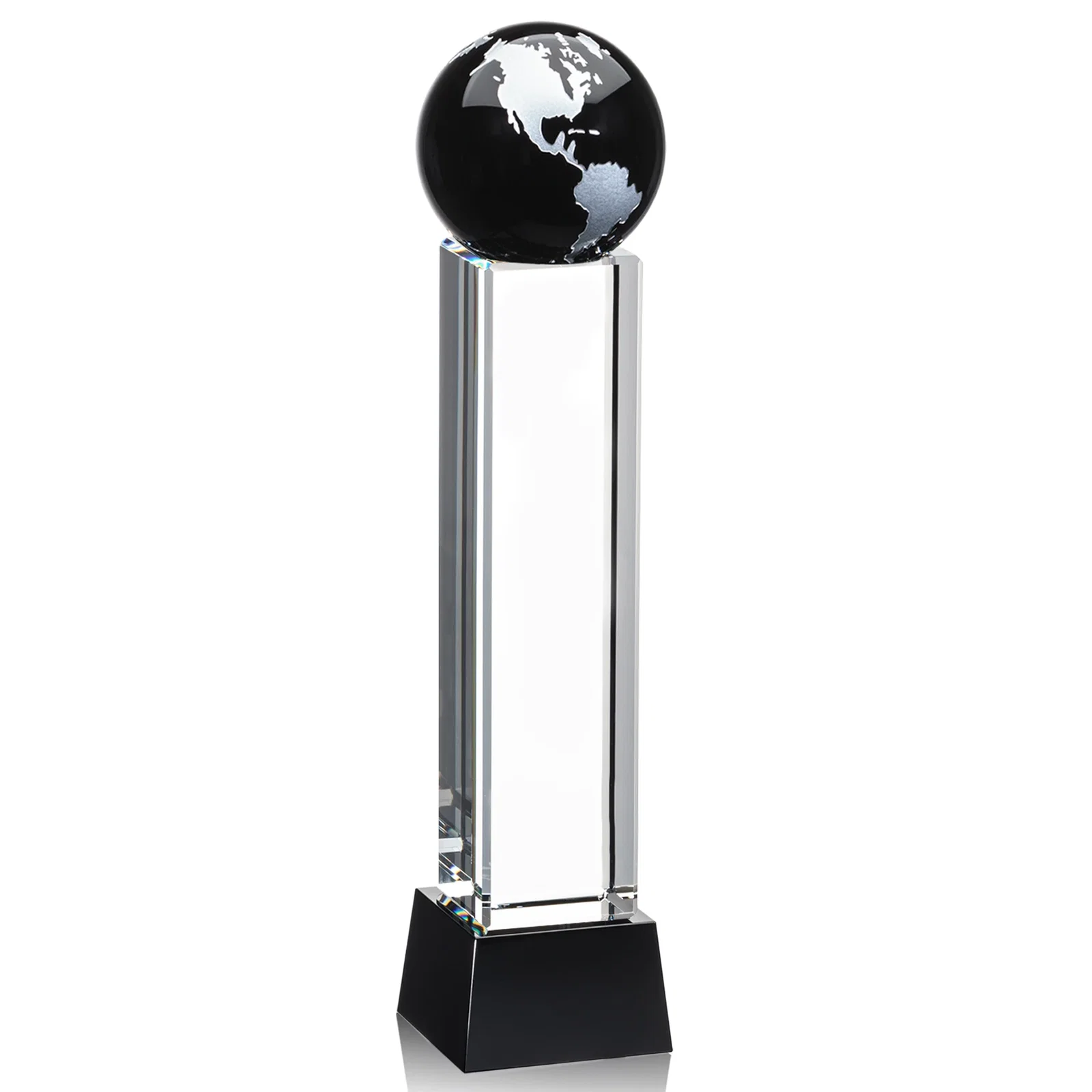 Branded Blue Optical Crystal Globe Award on Pillar with Matching Base for dealer and partner awards
