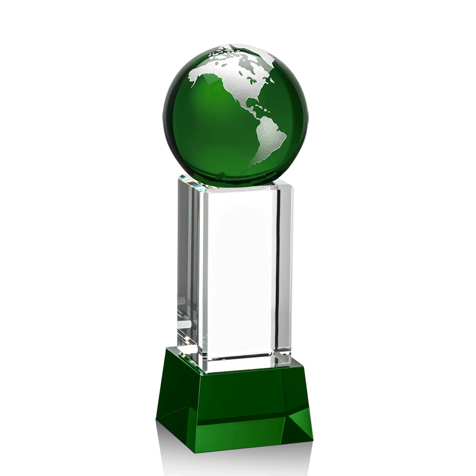 Branded Blue Optical Crystal Globe Award on Pillar with Matching Base for company anniversary events