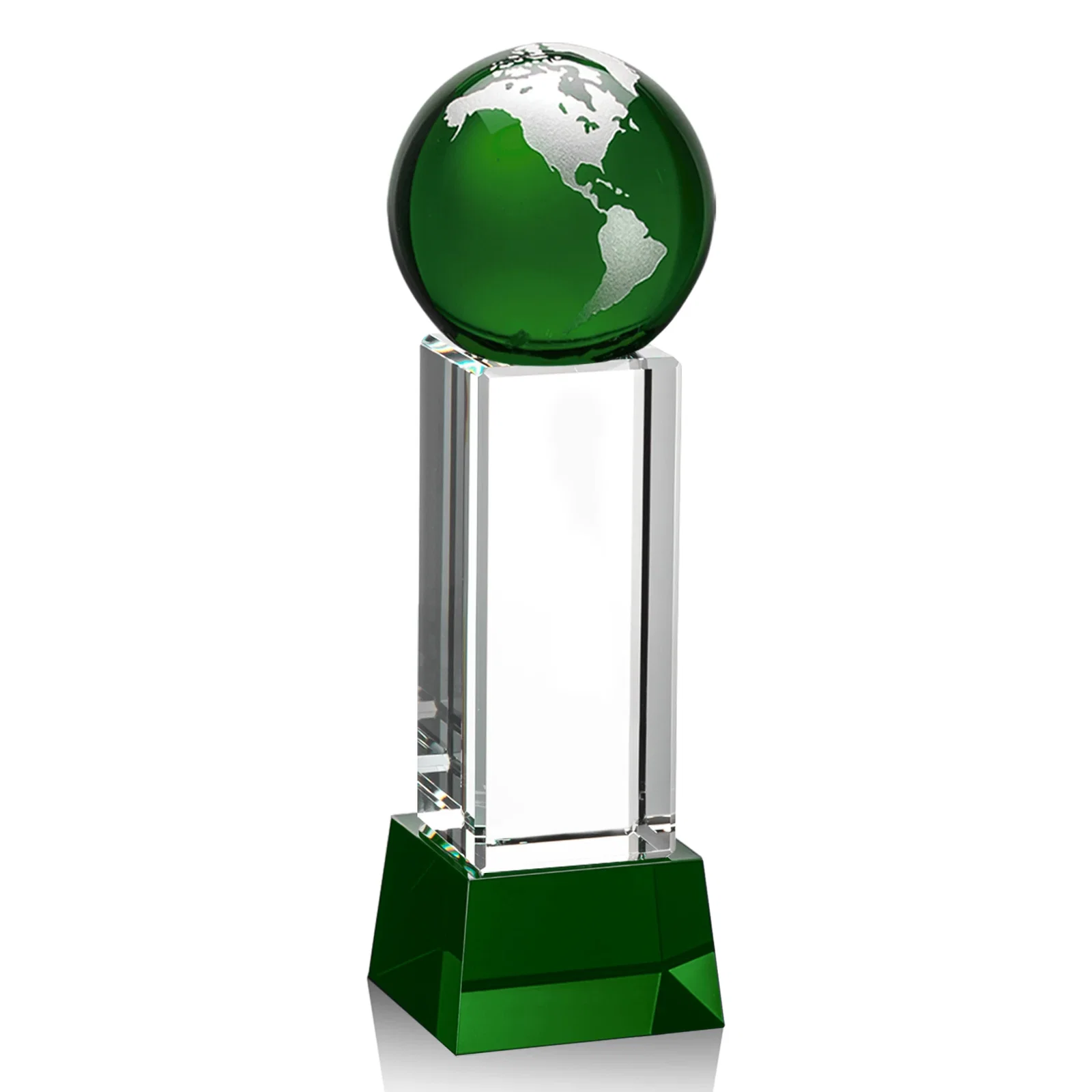 Custom printed Blue Optical Crystal Globe Award on Pillar with Matching Base for employee recognition