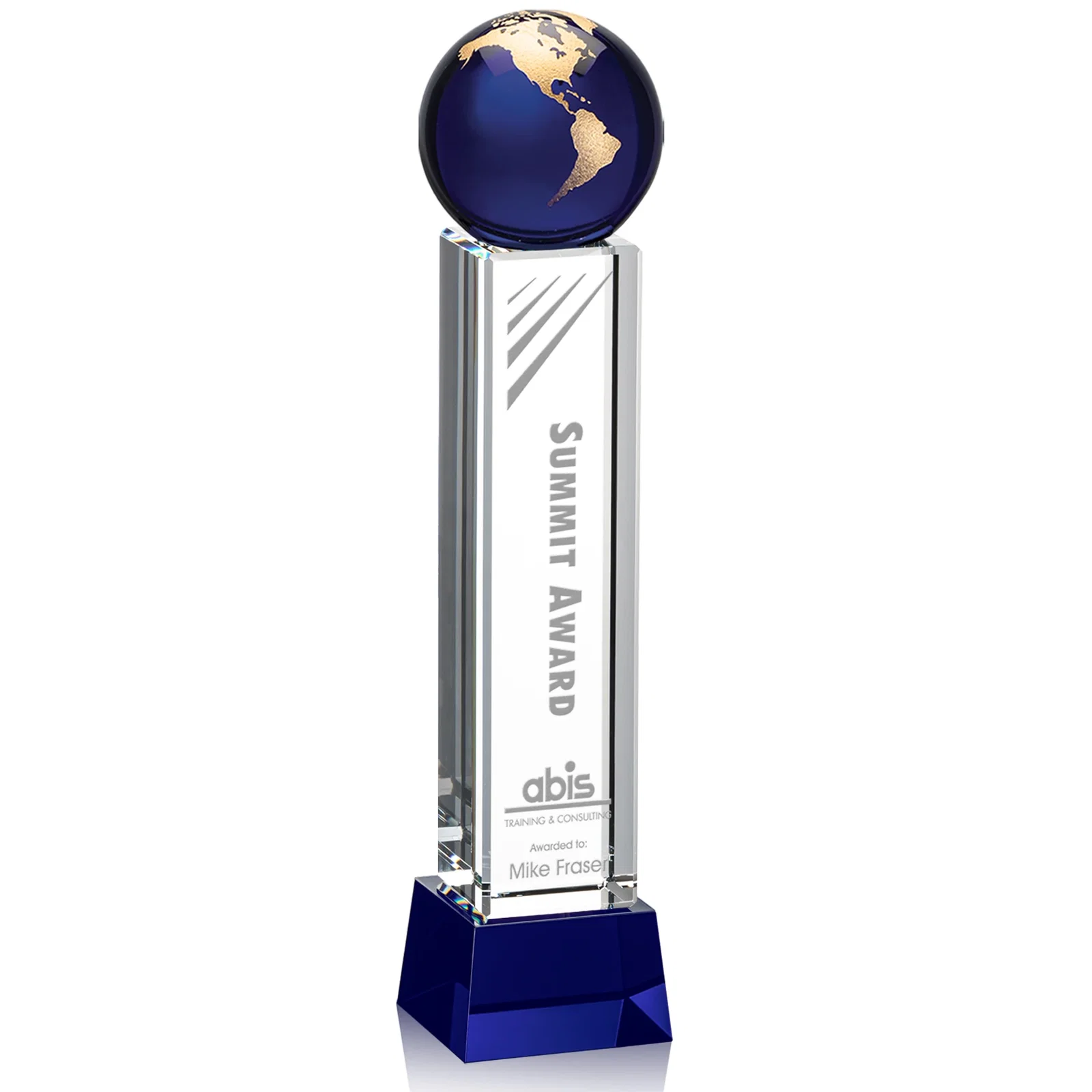 Custom Blue Optical Crystal Globe Award on Pillar with Matching Base for retirement presentations