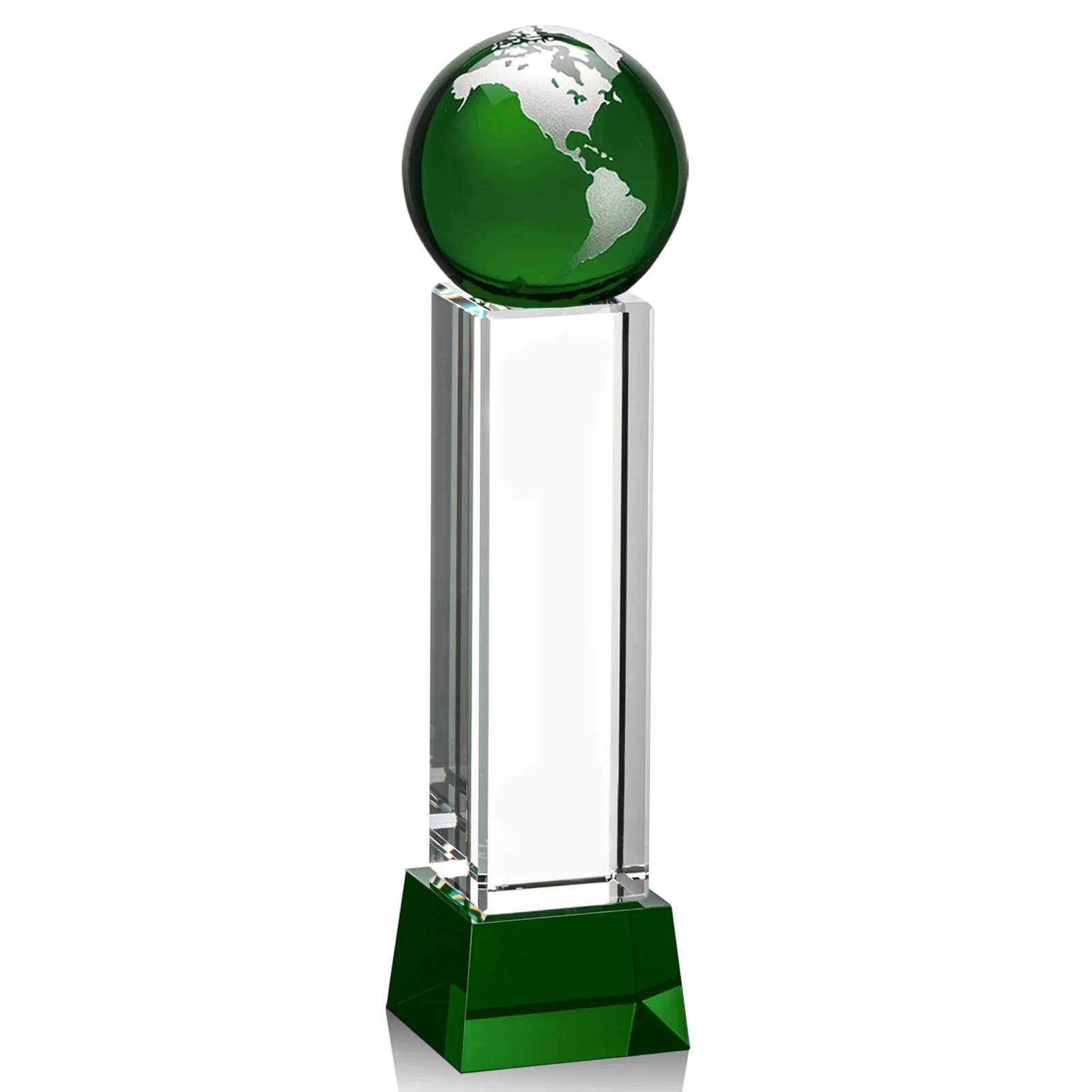 Custom printed Blue Optical Crystal Globe Award on Pillar with Matching Base for corporate award ceremonies
