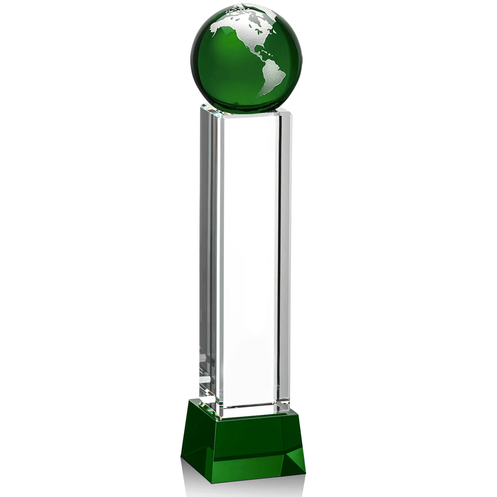 Custom printed Blue Optical Crystal Globe Award on Pillar with Matching Base for service anniversary gifts