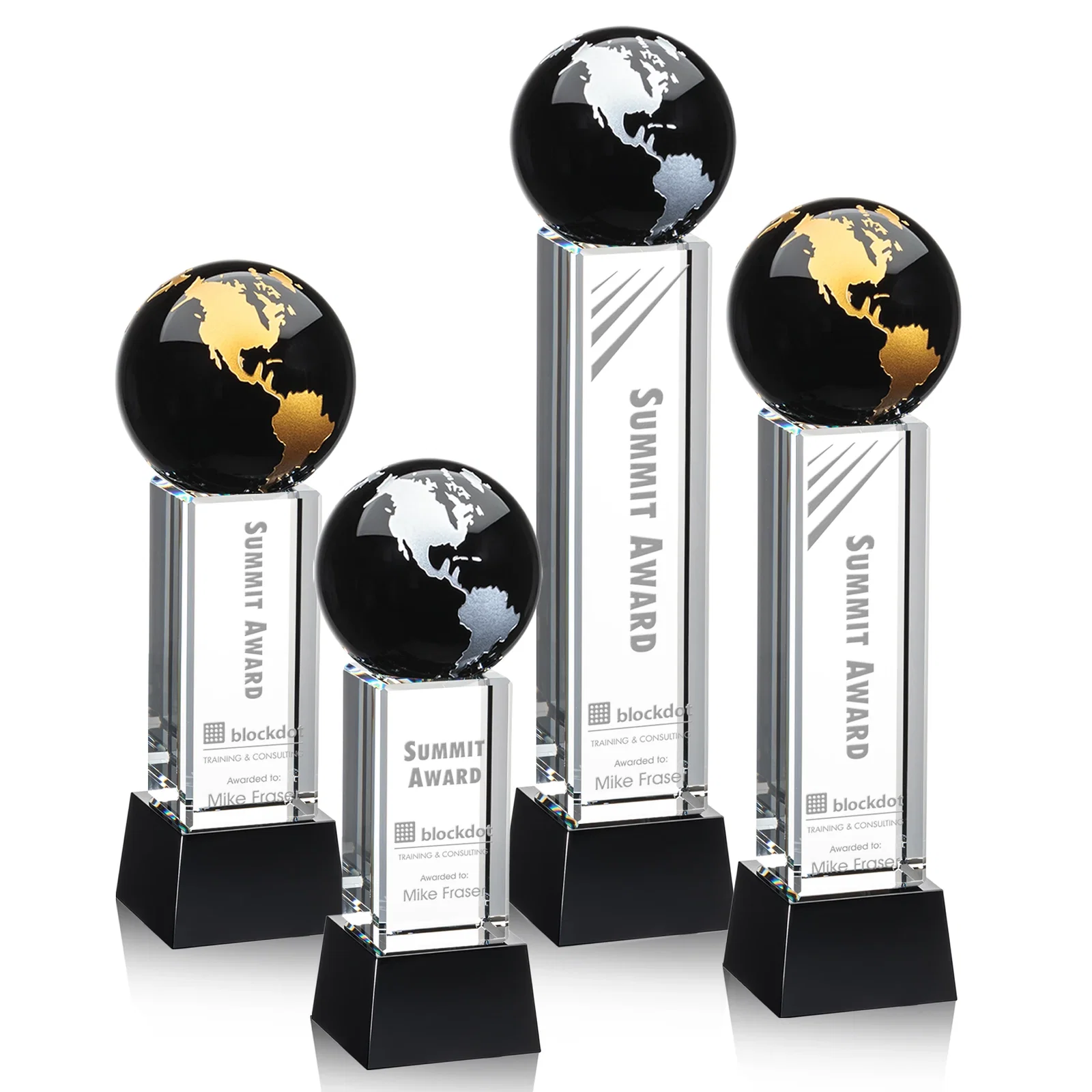 Custom Blue Optical Crystal Globe Award on Pillar with Matching Base for team milestone celebrations