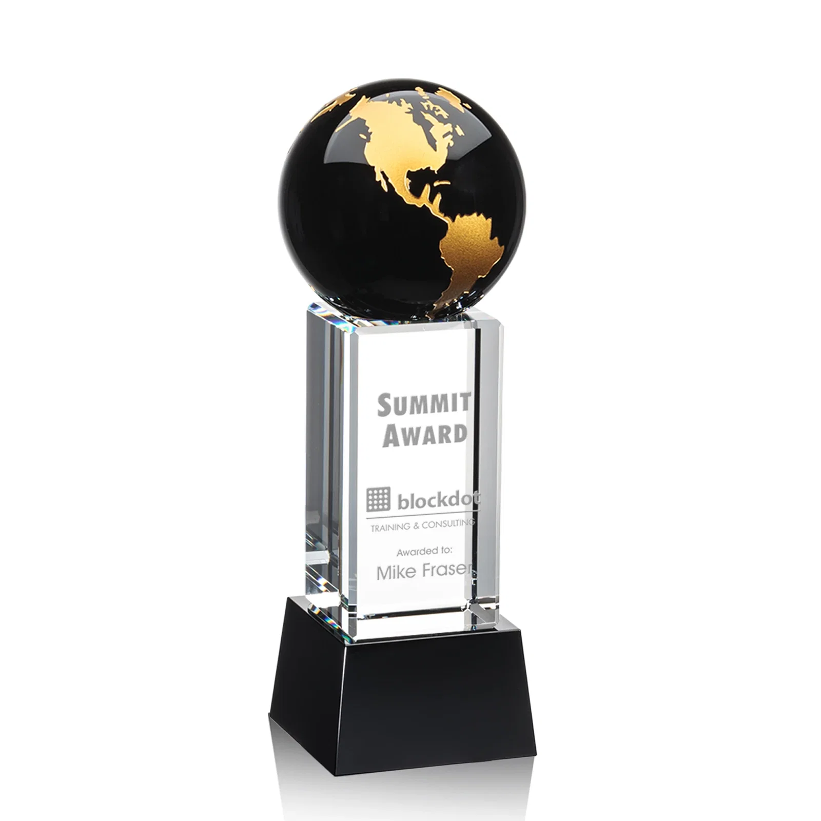 Custom Blue Optical Crystal Globe Award on Pillar with Matching Base for donor appreciation