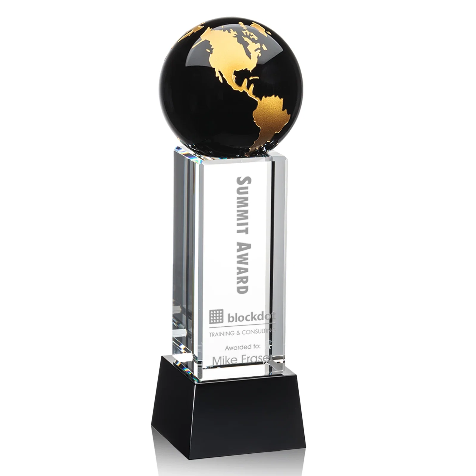 Custom Blue Optical Crystal Globe Award on Pillar with Matching Base for graduation ceremonies
