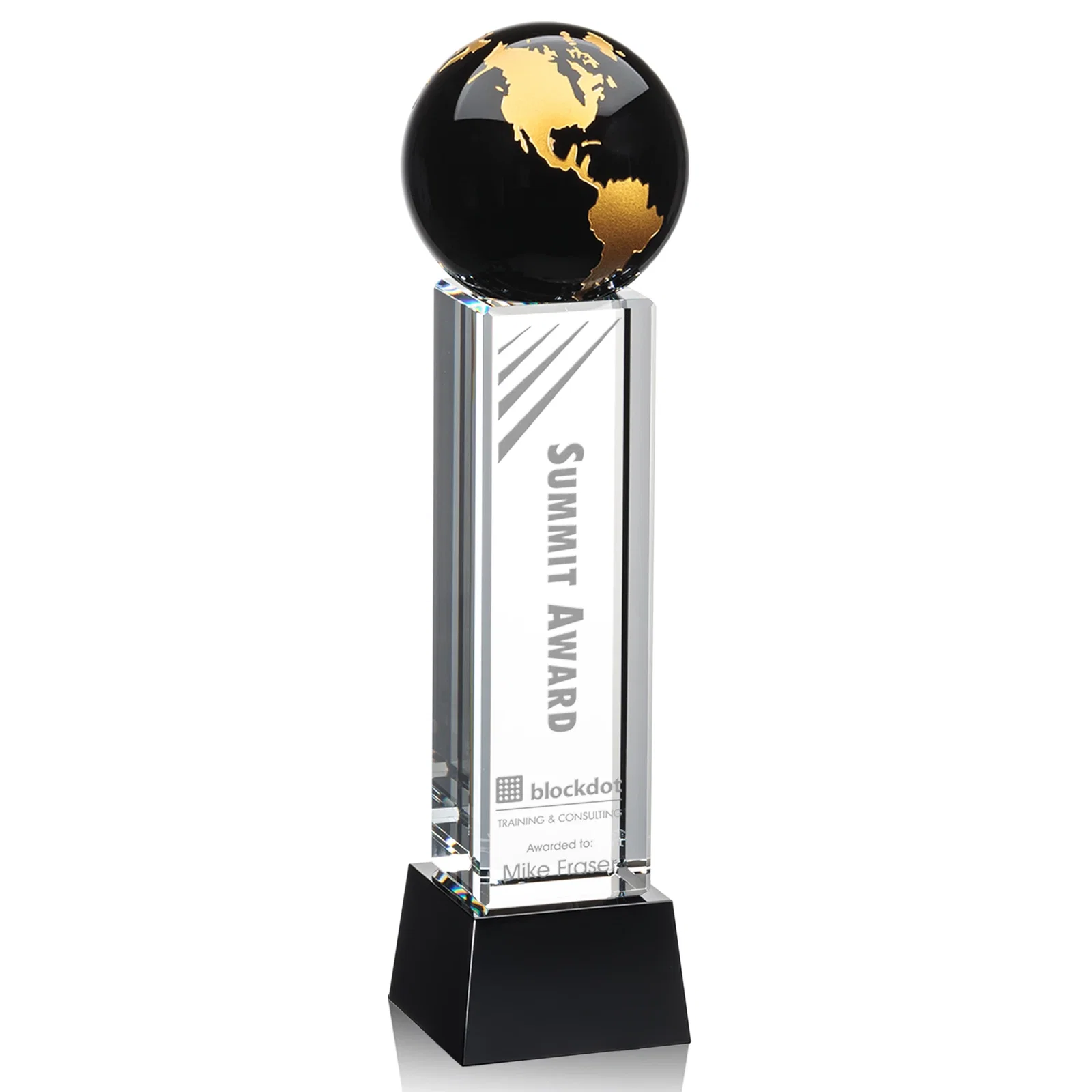 Custom Blue Optical Crystal Globe Award on Pillar with Matching Base for safety achievement programs