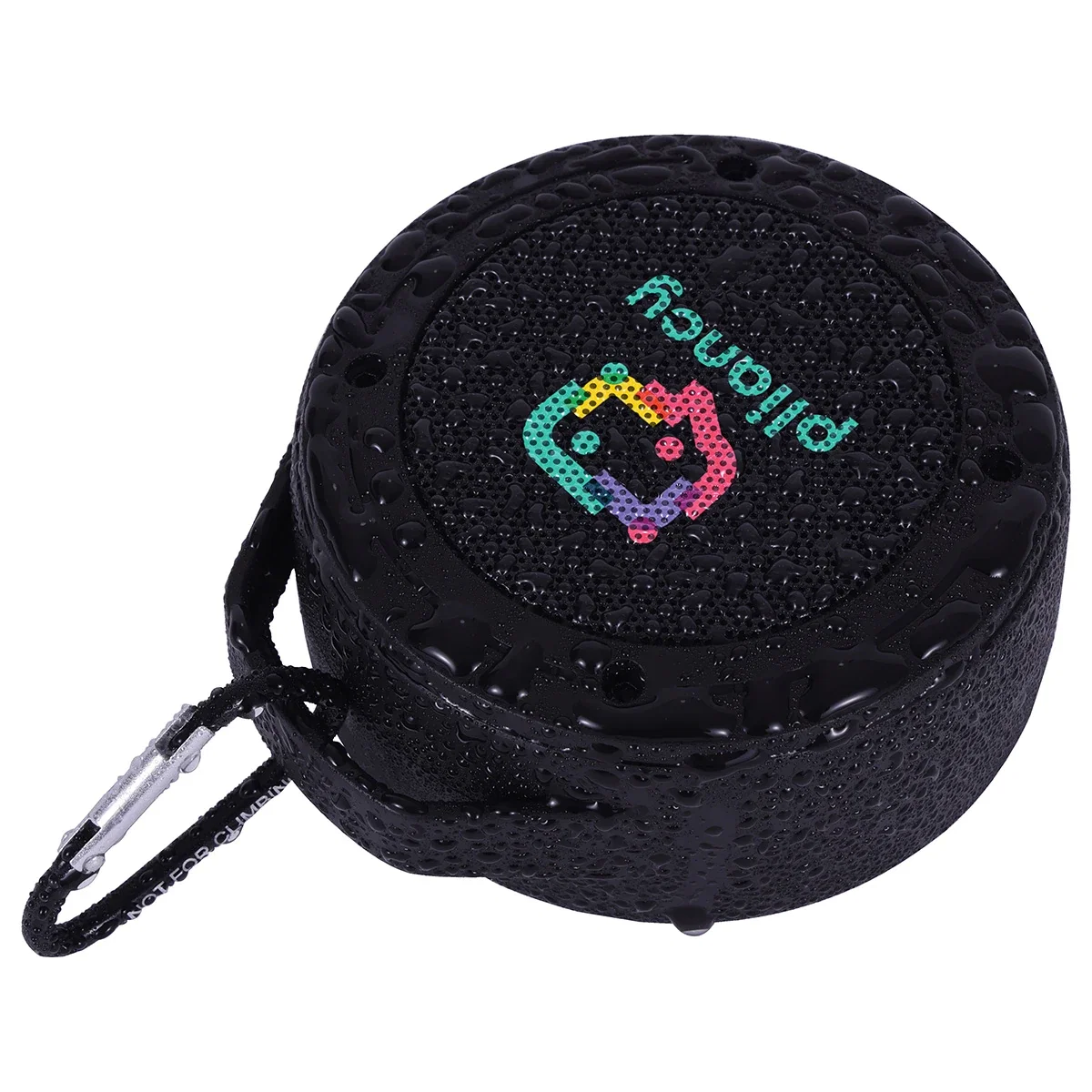 Back view of the branded Lyric IPX5 speaker highlighting the attached carabiner clip
