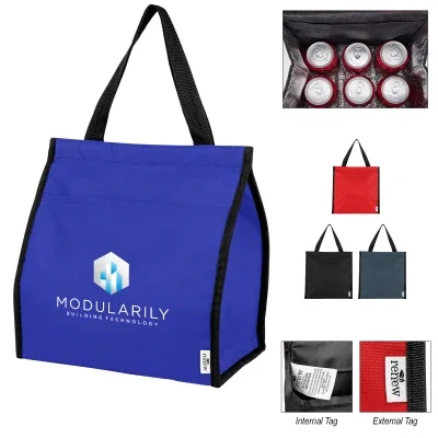 Six-can cooler bag in black recycled polyester with a top handle