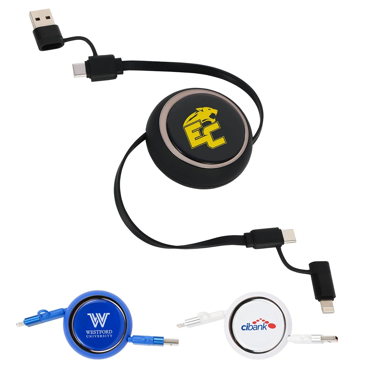 Mach retractable 39-inch 4-in-1 charging cable in a compact portable case