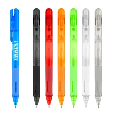 Translucent recycled plastic pen shown at full length