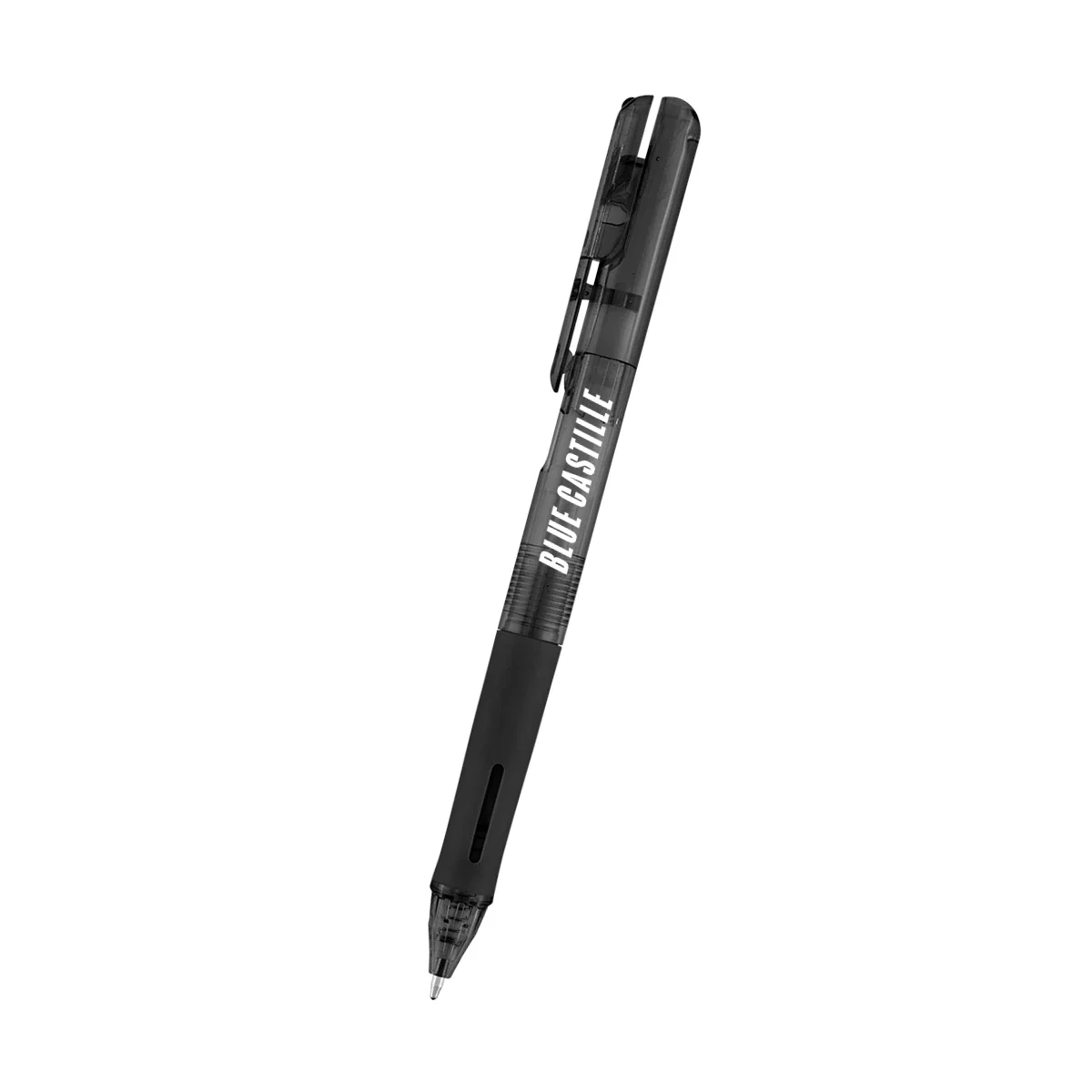 Front view of the translucent plastic pen on a plain background