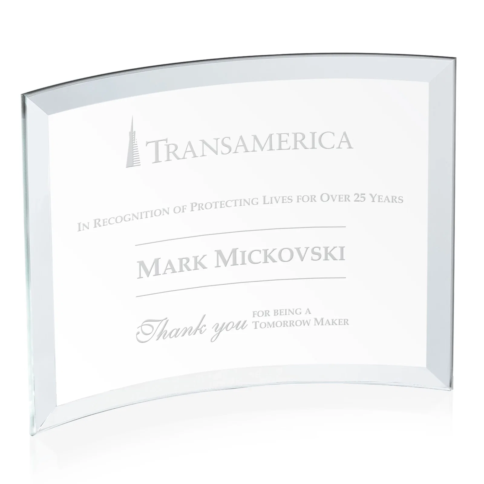 Custom Starfire Crystal Crescent Award With Color Fused Into The Glass for volunteer appreciation