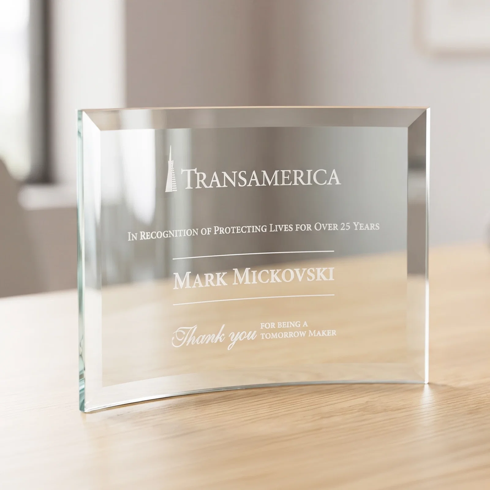 Custom Starfire Crystal Crescent Award With Color Fused Into The Glass for company anniversary events
