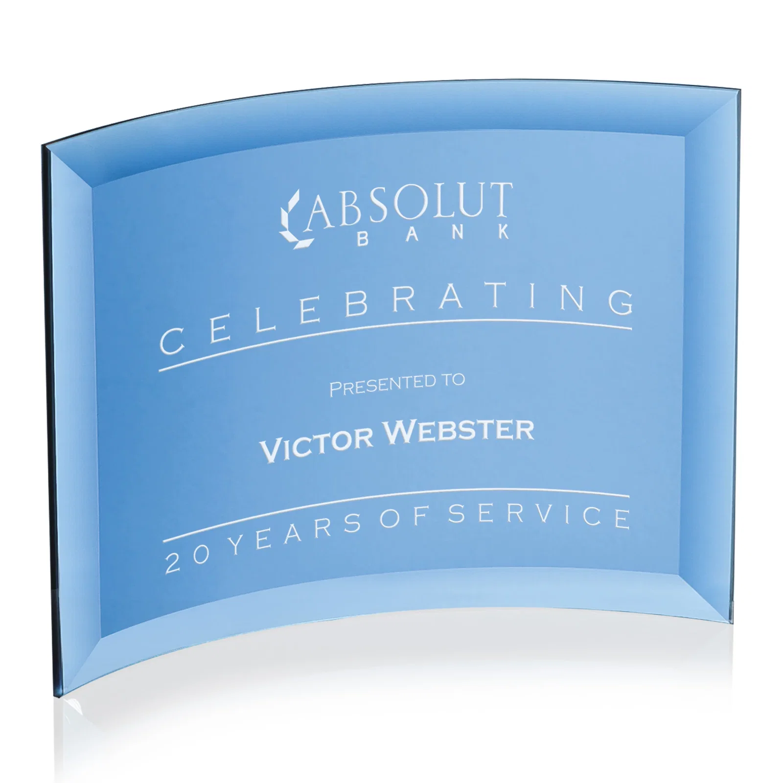 Personalized Starfire Crystal Crescent Award With Color Fused Into The Glass for retirement presentations