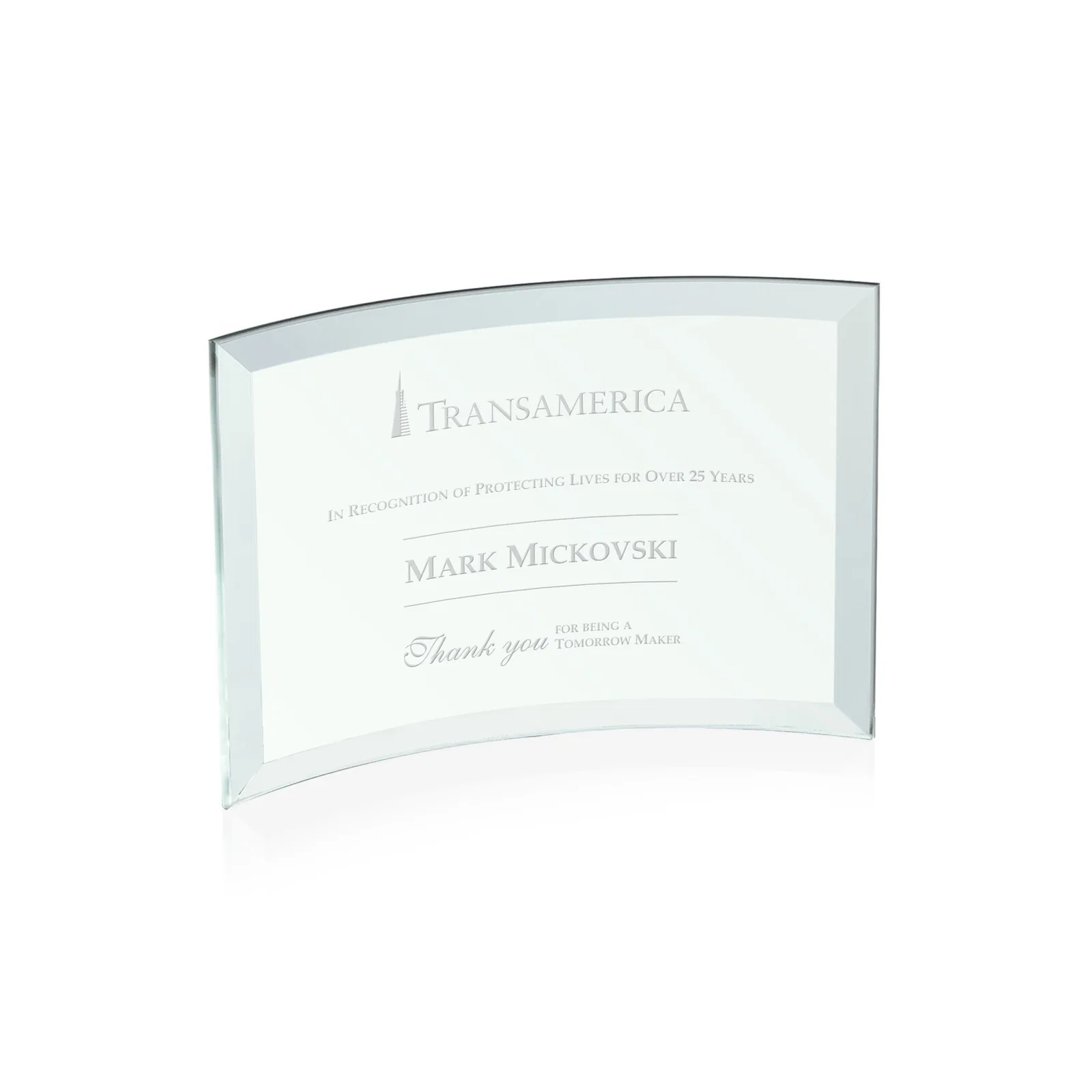 Personalized Starfire Crystal Crescent Award With Color Fused Into The Glass for company anniversary events