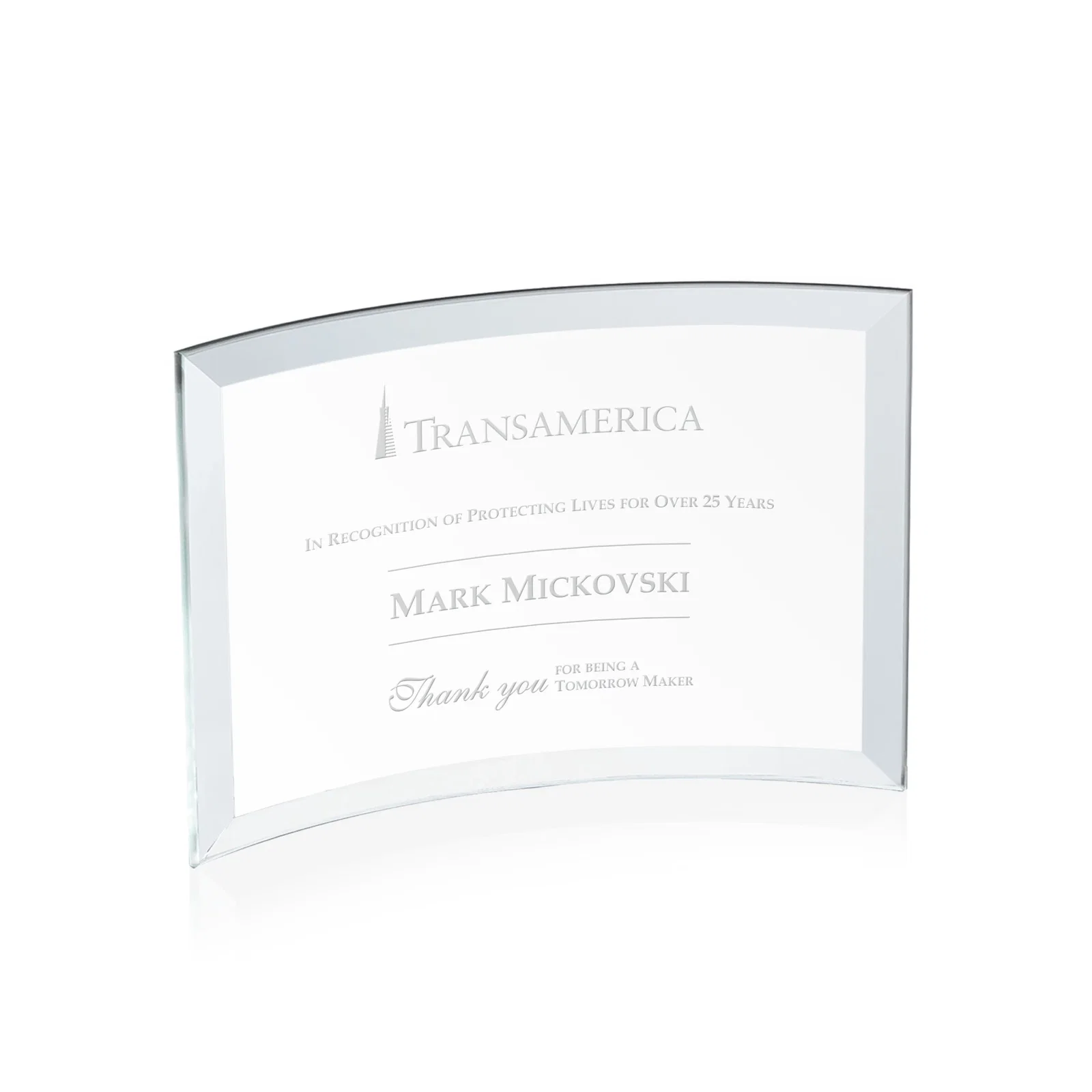 Custom Starfire Crystal Crescent Award With Color Fused Into The Glass for donor appreciation