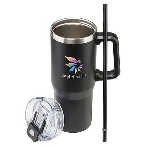 Custom branded Maestro 30 oz straw lid insulated mug, front view of promotional travel tumbler