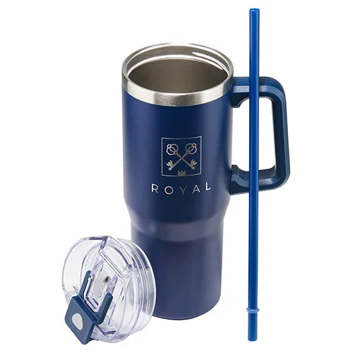 Promotional Maestro 30 oz insulated mug, side profile of custom branded straw lid travel tumbler