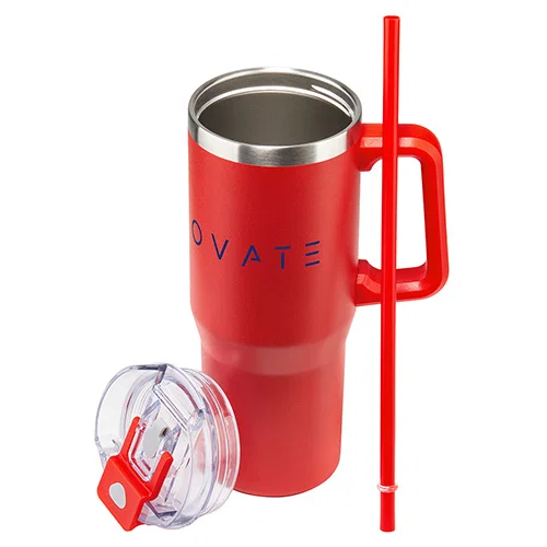 Branded Maestro 30 oz straw lid mug, angled view of custom promotional insulated travel tumbler