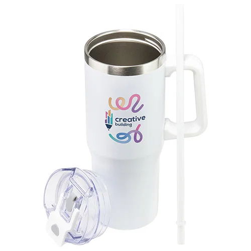 Maestro 30 oz insulated mug in black, custom branded promotional straw lid travel tumbler