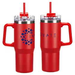Maestro 30 oz insulated mug in a cup holder, custom branded promotional straw lid travel tumbler