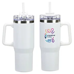 Maestro 30 oz insulated mugs group shot, custom branded promotional straw lid travel tumblers