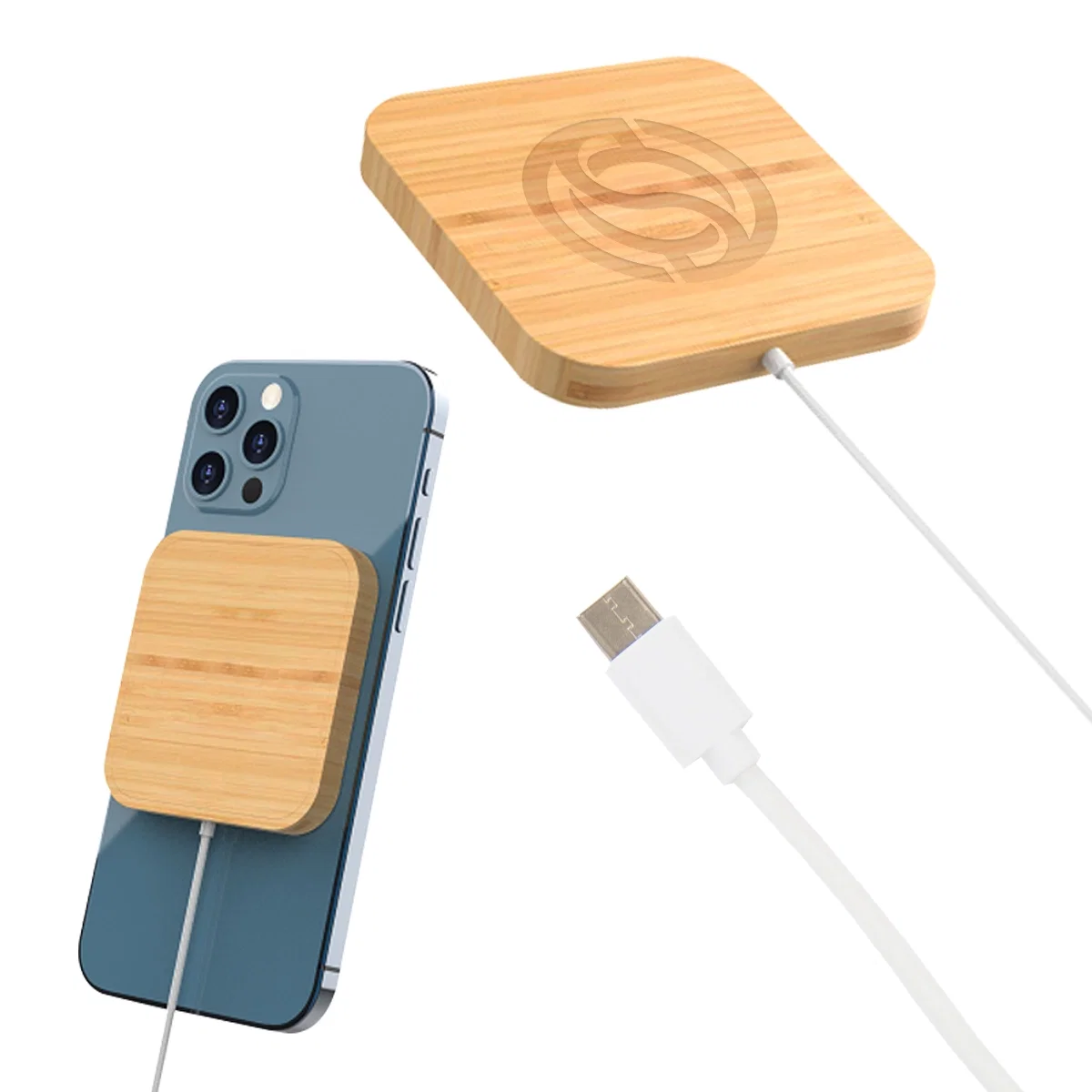 Bamboo wireless charging pad measuring two and a half inches square