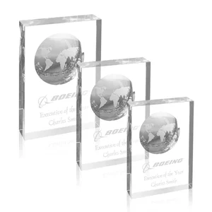 Crystal Rectangle Award With Globe Etched Inside Concave Back