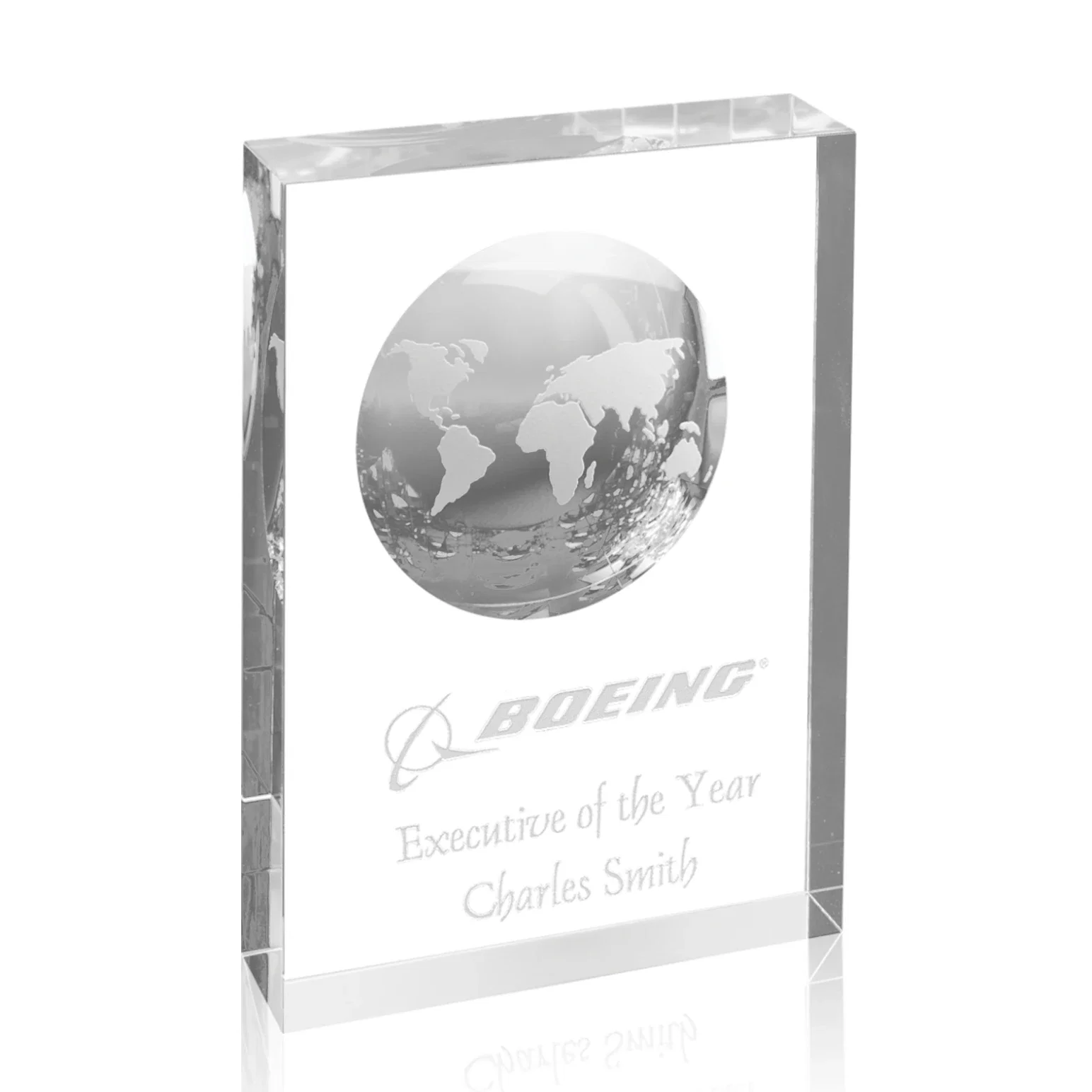 Custom Crystal Rectangle Award With Globe Etched Inside Concave Back for corporate award ceremonies