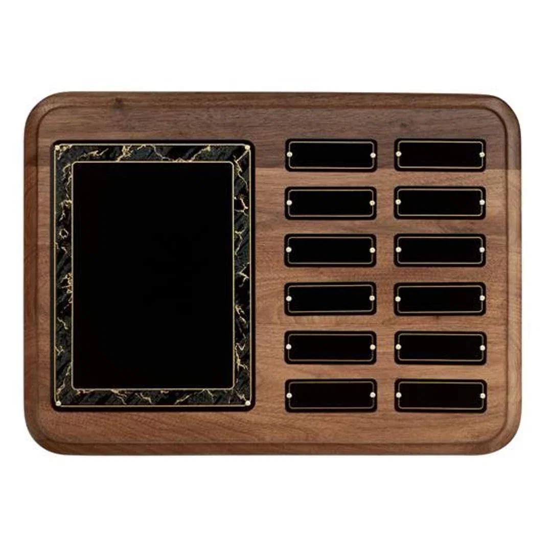 Custom Walnut Perpetual Plaque With Ogee Edge And Marble-Textured Border for employee recognition