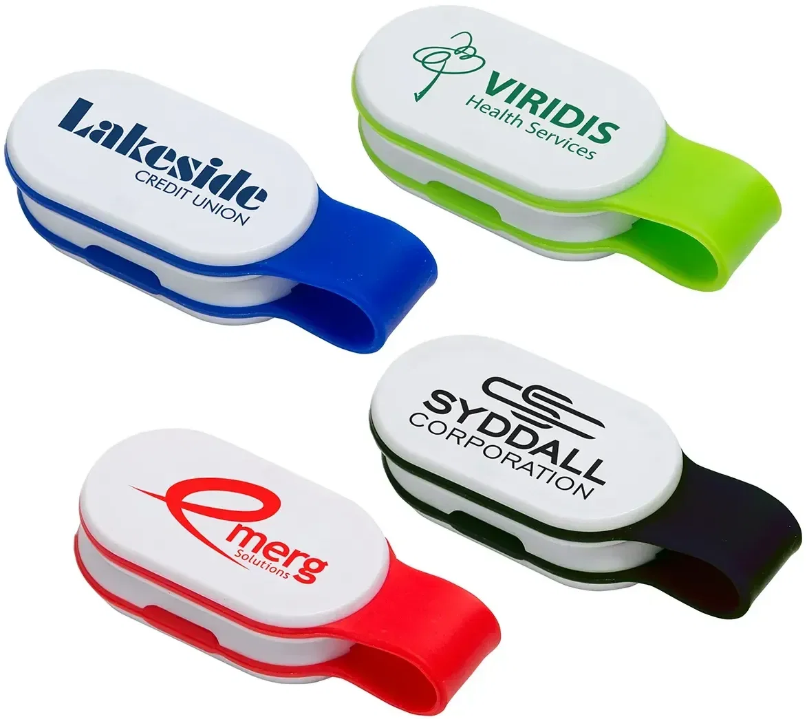 Custom branded Magna Clip safety light, front view of the promotional clip-on LED light with logo space