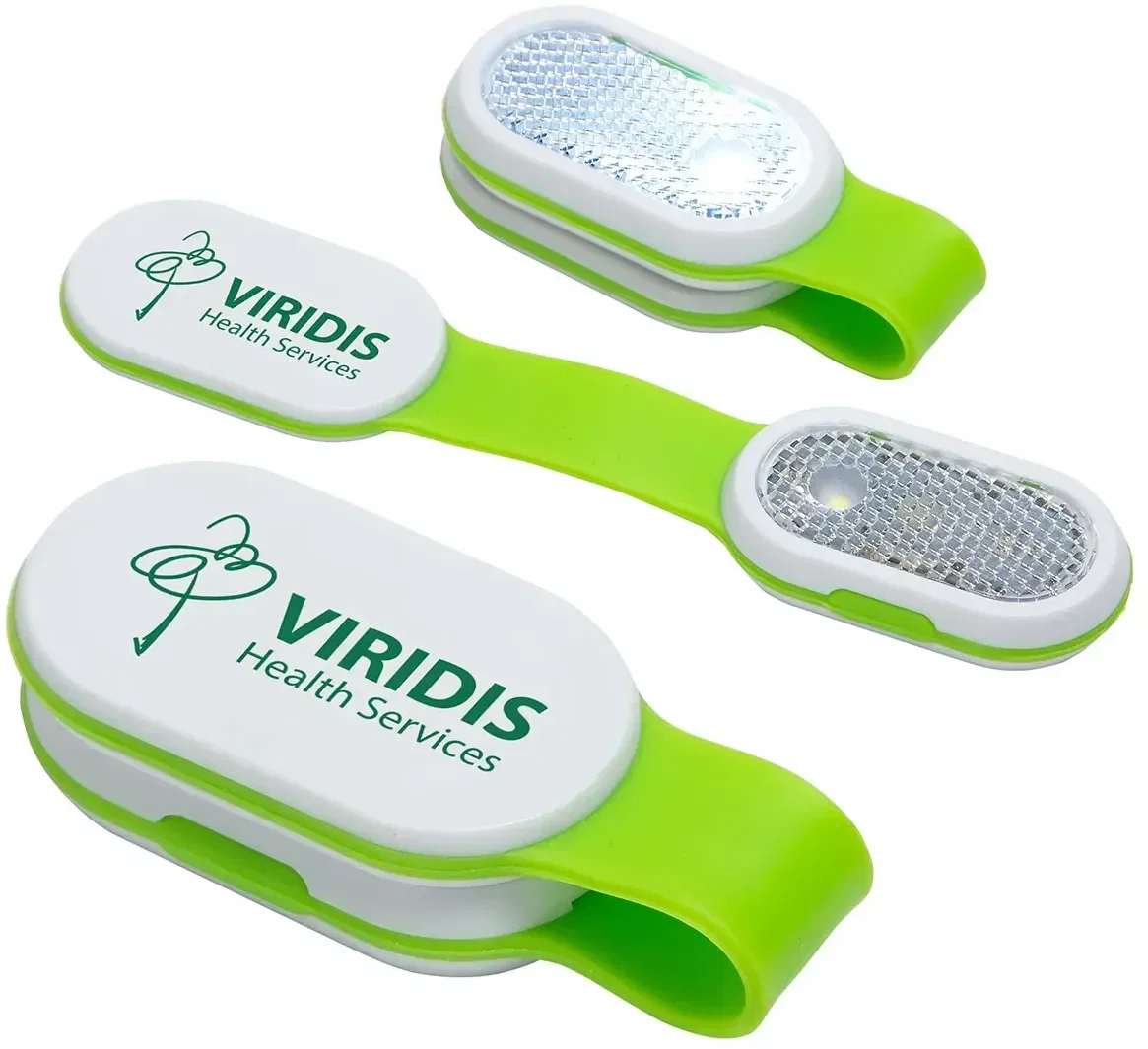 Close-up of the branded Magna Clip LED safety light lit for nighttime visibility, custom promotional light