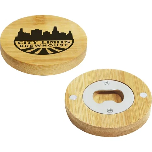 Magnetic bamboo bottle opener with stainless steel opener, front view