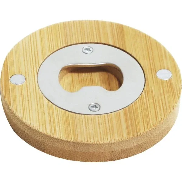 Sustainable bamboo wood bottle opener with natural grain, angled view
