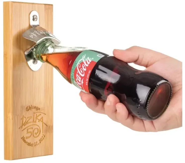 Bamboo Magnetic Wall Mounted Bottle Opener in use